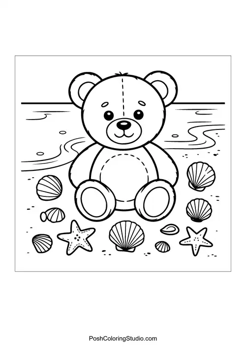 A teddy bear surrounded by seashells on the beach.