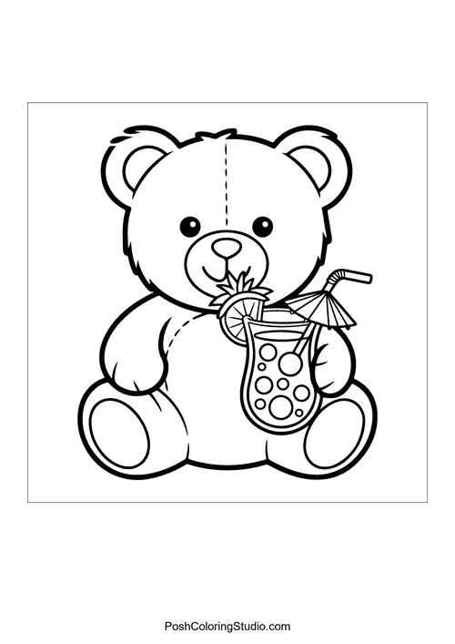 A teddy bear holding a drink with a straw.