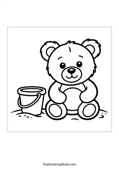 A teddy bear sitting on the sand with a bucket.
