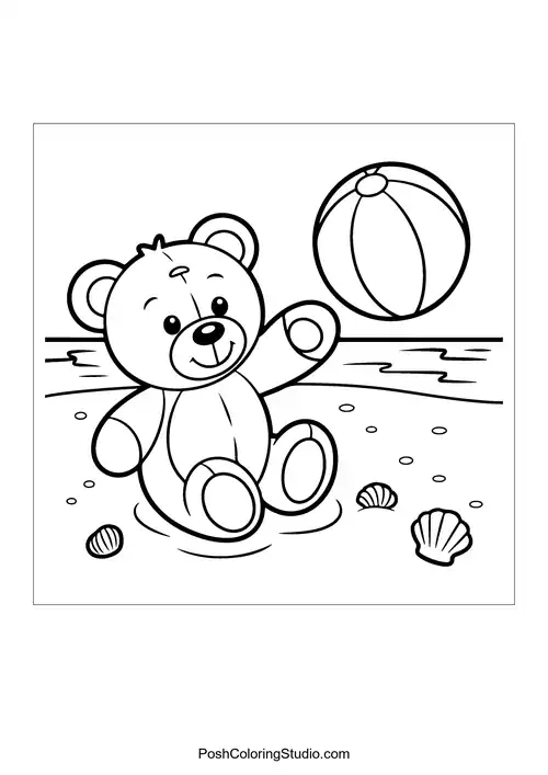 A teddy bear playing with a beach ball by the water.