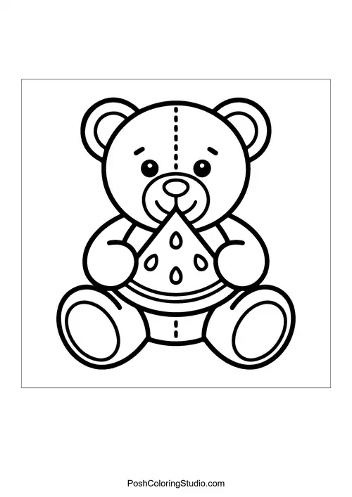 A teddy bear eating a slice of watermelon.