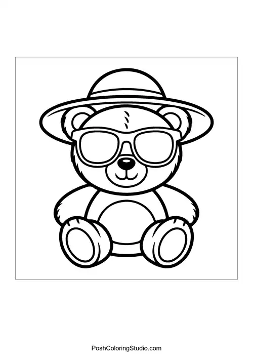 A teddy bear wearing sunglasses and a sun hat.