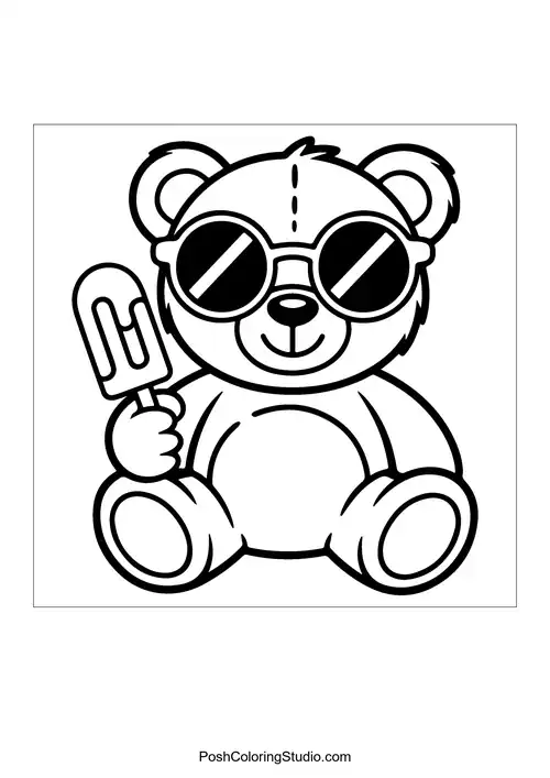 A teddy bear wearing sunglasses and holding a popsicle.