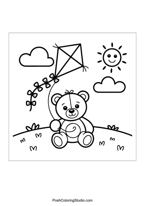 A teddy bear flying a kite in a sunny field.