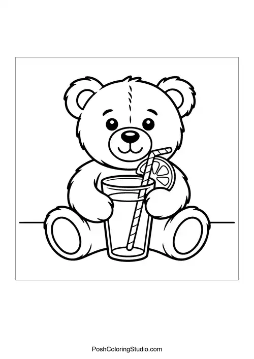 A teddy bear holding a drink with a lemon slice.