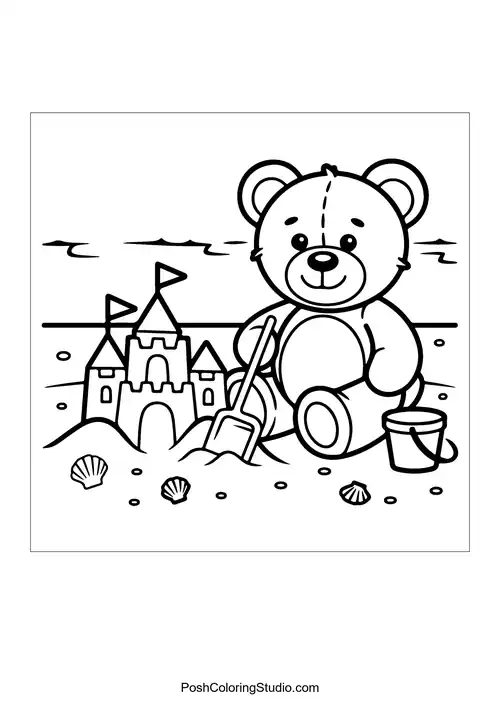 A teddy bear building a sandcastle by the beach.
