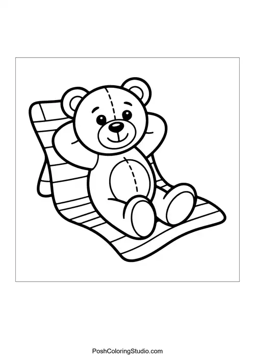 A teddy bear lounging on a striped beach towel.