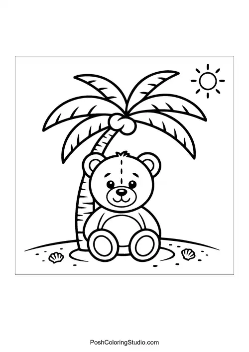 A teddy bear sitting under a palm tree.