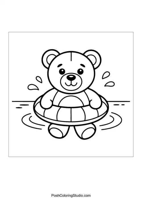 A teddy bear floating in a pool with a swim ring.