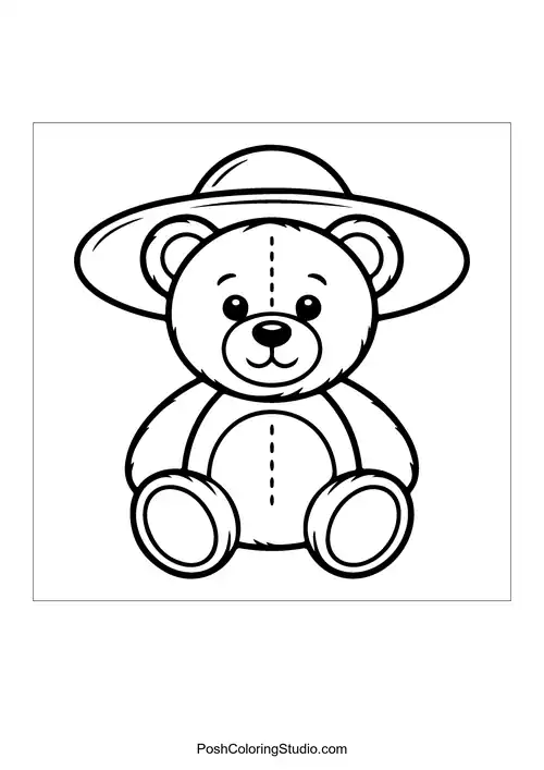 A teddy bear wearing a large sun hat.