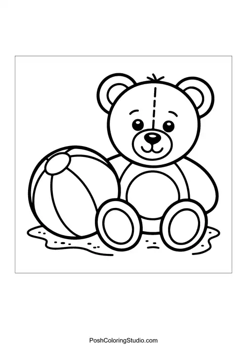 A teddy bear playing with a beach ball.
