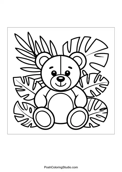 A teddy bear surrounded by tropical leaves.