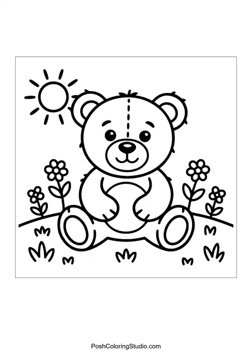 A teddy bear playing with a ball in a garden.
