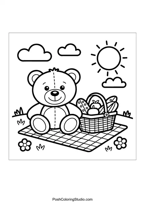 A teddy bear sitting on a picnic blanket with a basket.