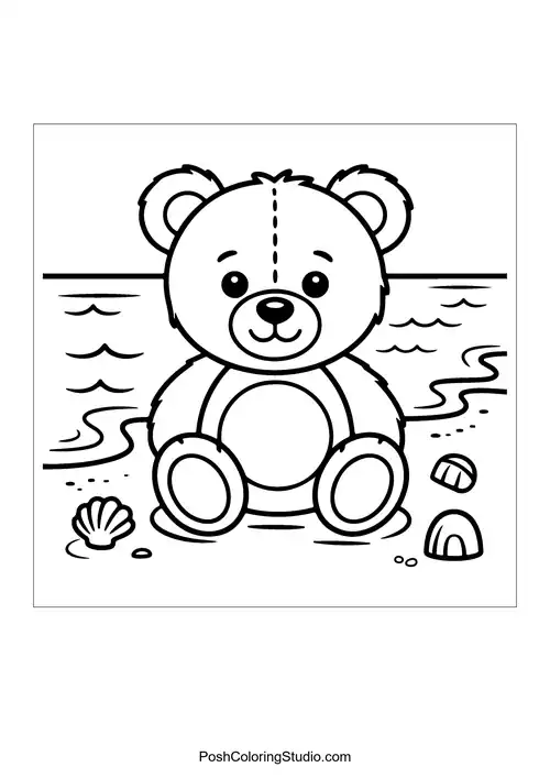 A teddy bear sitting by the water with seashells.