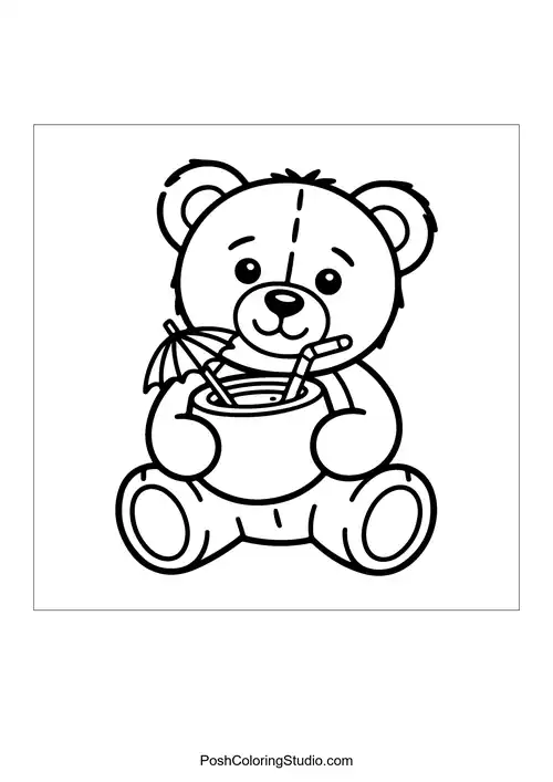 A teddy bear holding a drink with an umbrella.