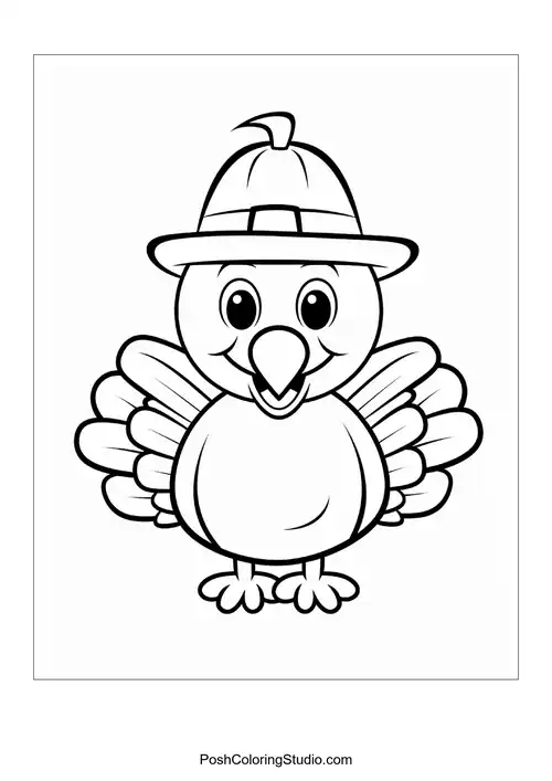 A turkey with a happy expression and fluffy feathers.