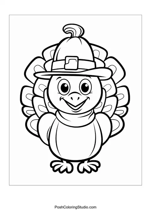A turkey with a happy face and rounded body.