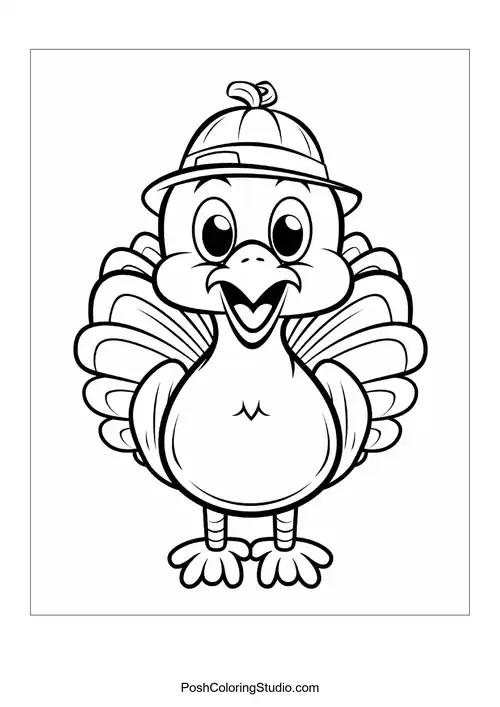 A turkey with a happy face and detailed feathers.