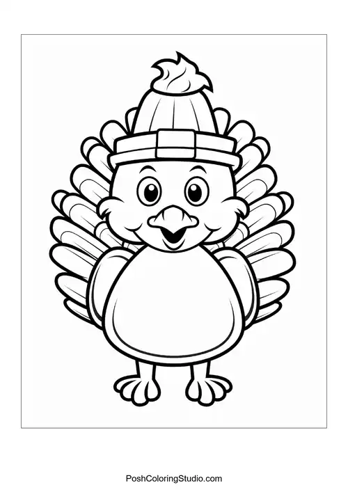 A turkey with a hat and a joyful face.