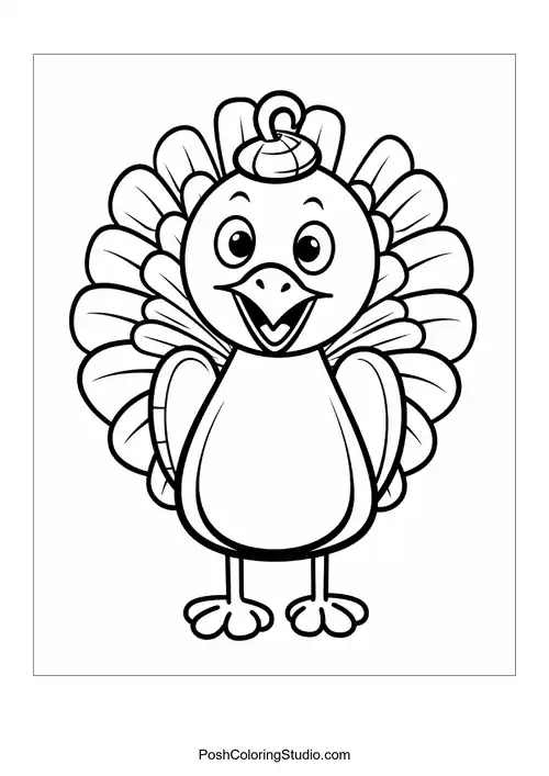 A turkey with a joyful expression and hat.