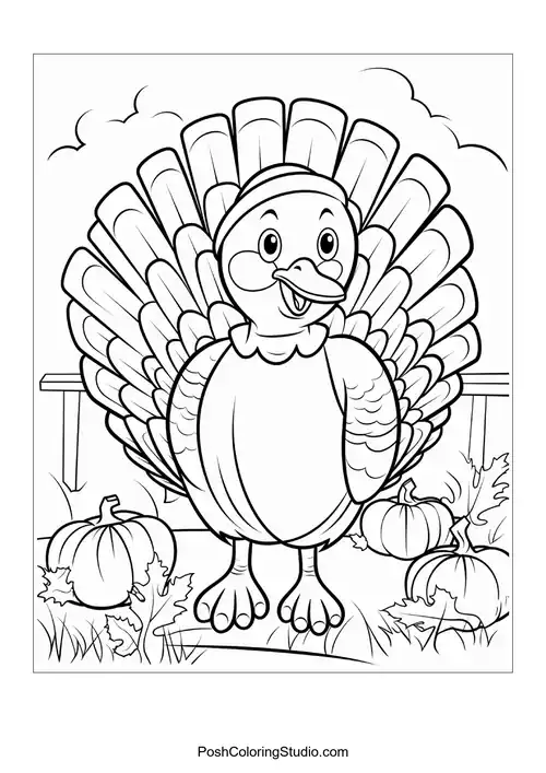 A turkey with a cheerful expression and hat.