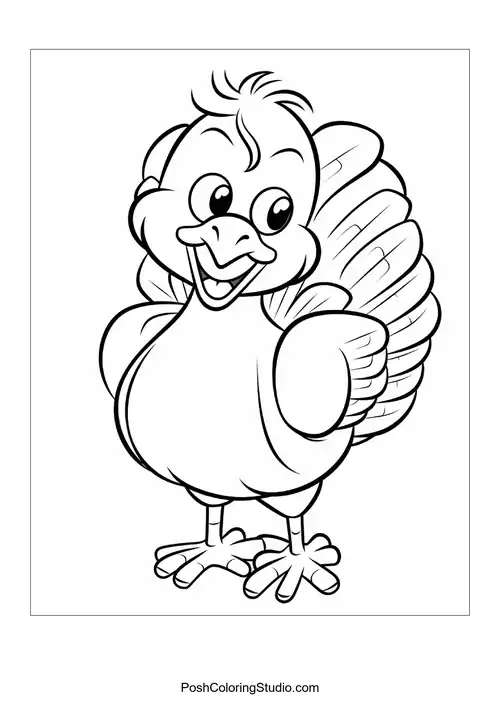 A turkey with a happy face and detailed feathers.