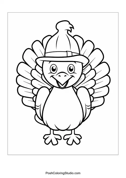 A happy turkey with a hat and wings spread.