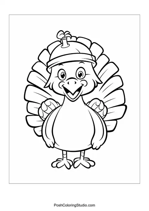 A turkey with a happy face and rounded body.