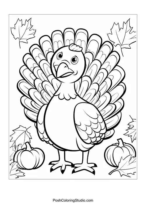 A turkey with a happy face and detailed feathers.