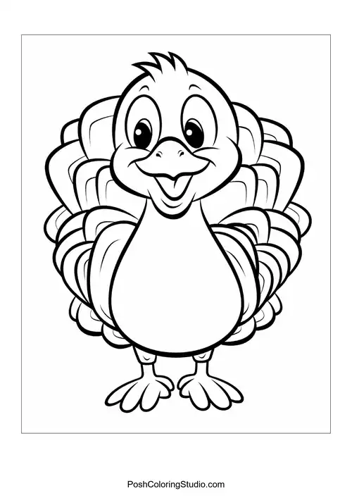 A turkey with a round body and a cheerful face.