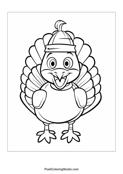 A turkey with a joyful expression and hat.