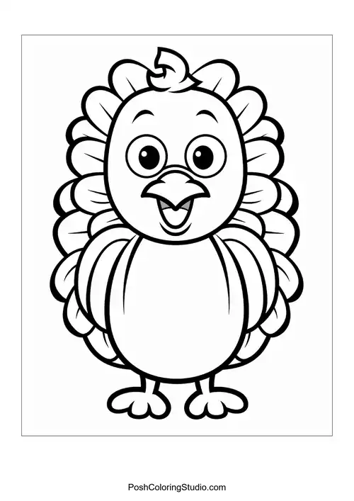 A turkey with a happy face and rounded body.