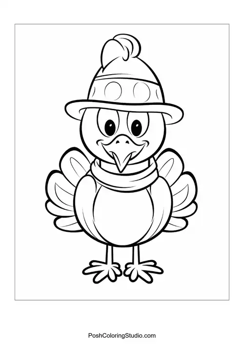 A turkey with a cheerful expression and hat.