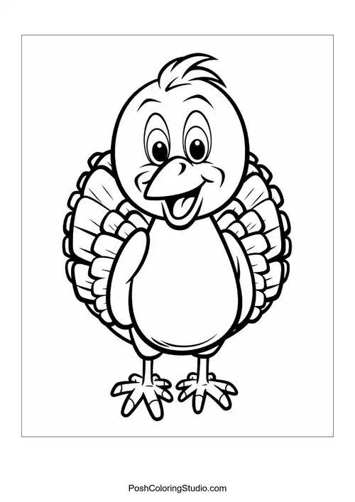 A turkey with a happy face and rounded body.