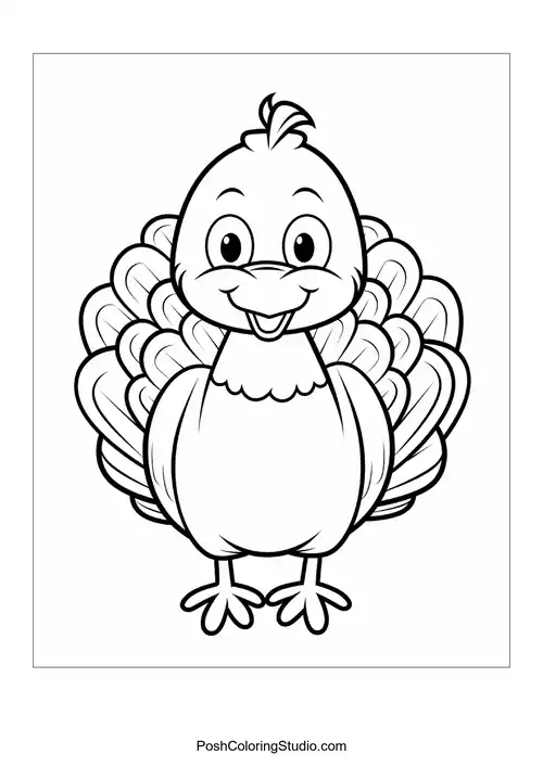 A cheerful turkey with a big smile and fluffy feathers.