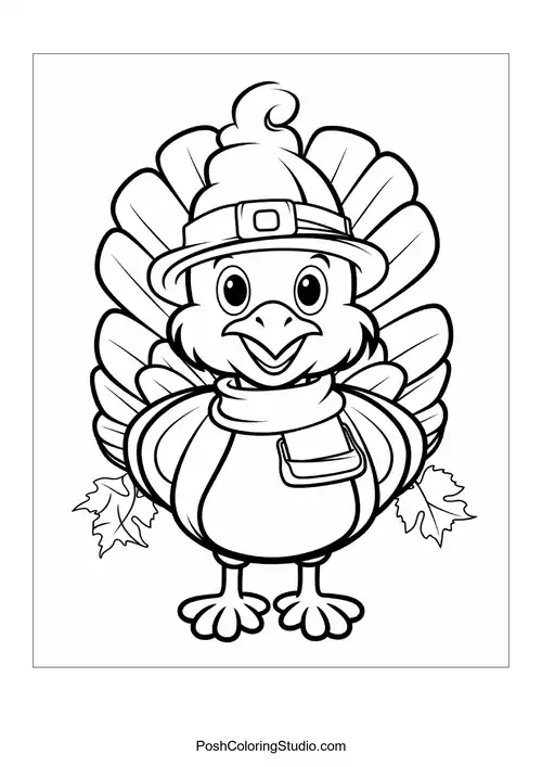 A turkey wearing a hat and scarf, surrounded by leaves.