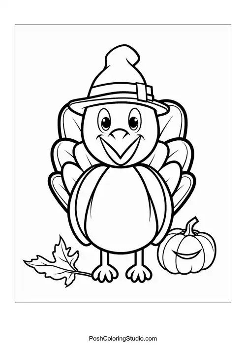 A turkey with a pumpkin and leaves, wearing a hat.