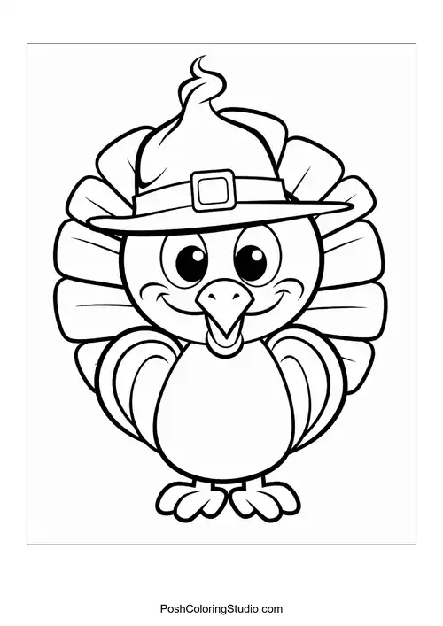 A turkey wearing a hat and smiling widely.