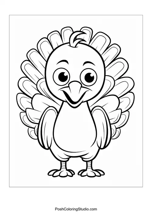 A turkey with a cute expression and fluffy feathers.
