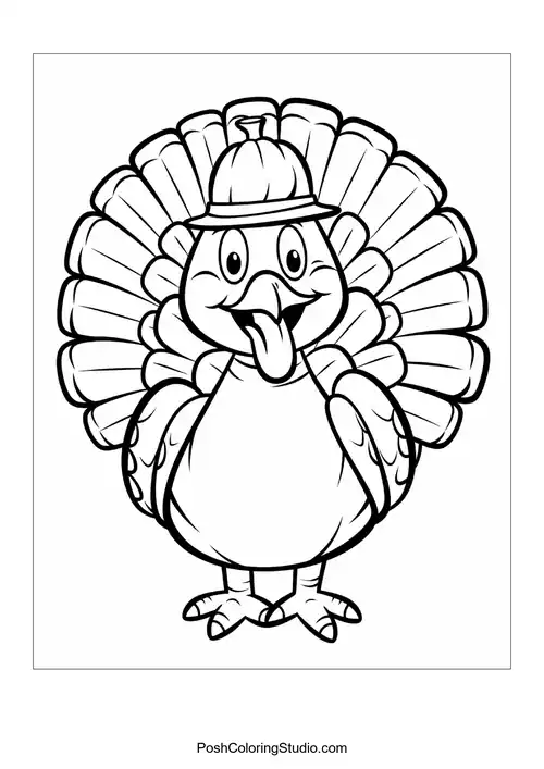 A turkey with a hat and a friendly smile.