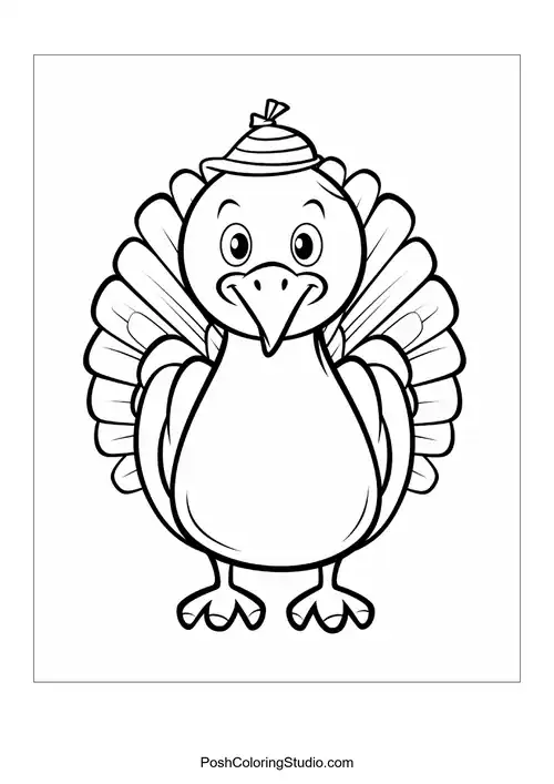 A turkey with a happy face and spread wings.