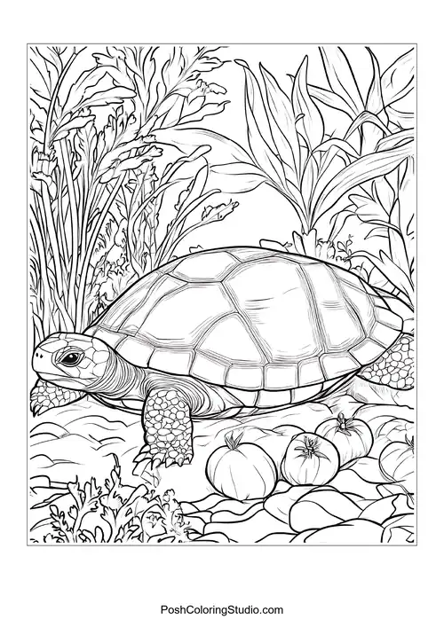 A turtle among vegetables in a garden setting.