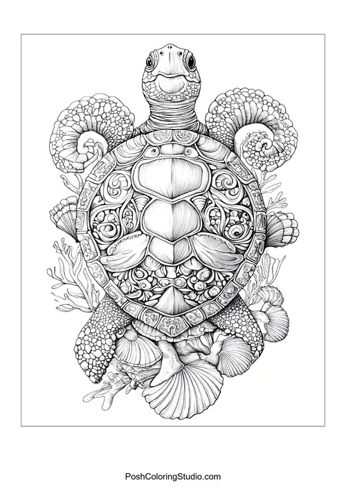A turtle surrounded by shells and coral in an underwater scene.