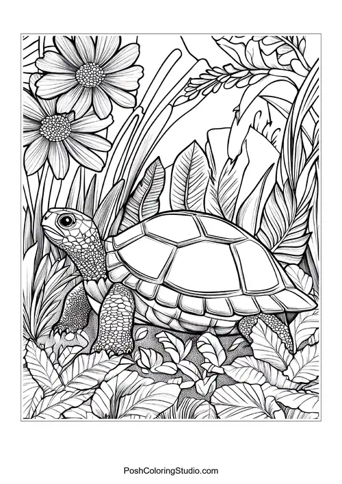 A turtle walking through a forest with detailed foliage.