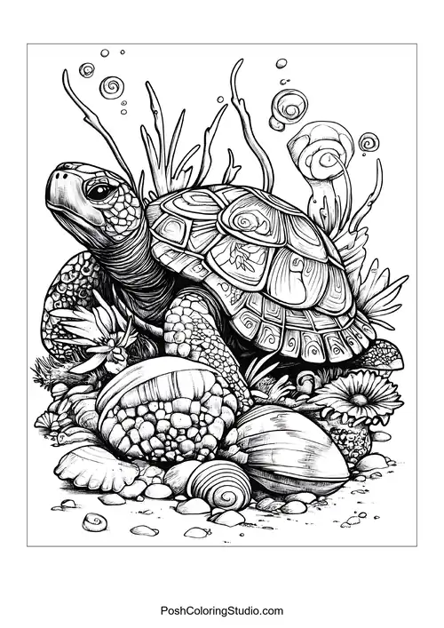 A turtle resting on a rock with a lighthouse in the background.