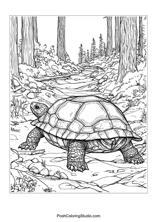 A turtle exploring a beach with a lighthouse nearby.
