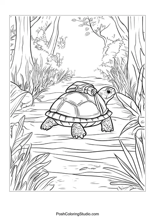 A turtle walking along a path with a backpack.