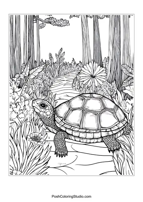A turtle walking through a forest with a backpack.