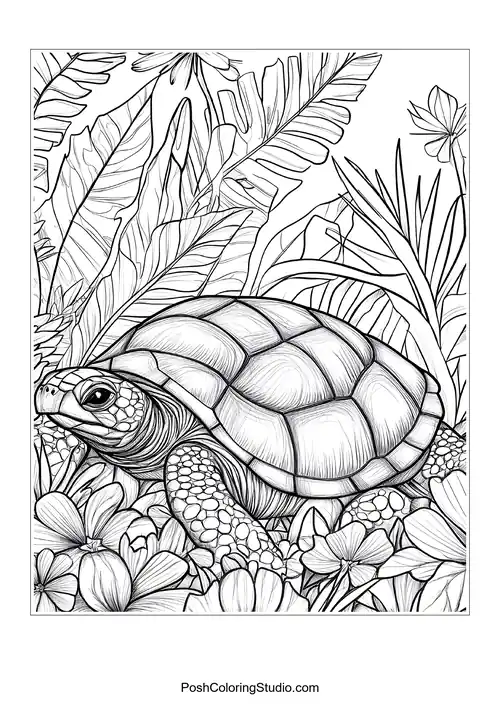 A turtle nestled among tropical plants and flowers.